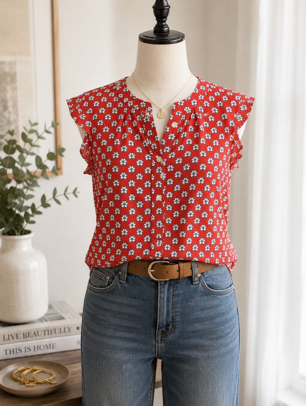 LOFT Coral Sleeveless Floral Button-Front Blouse